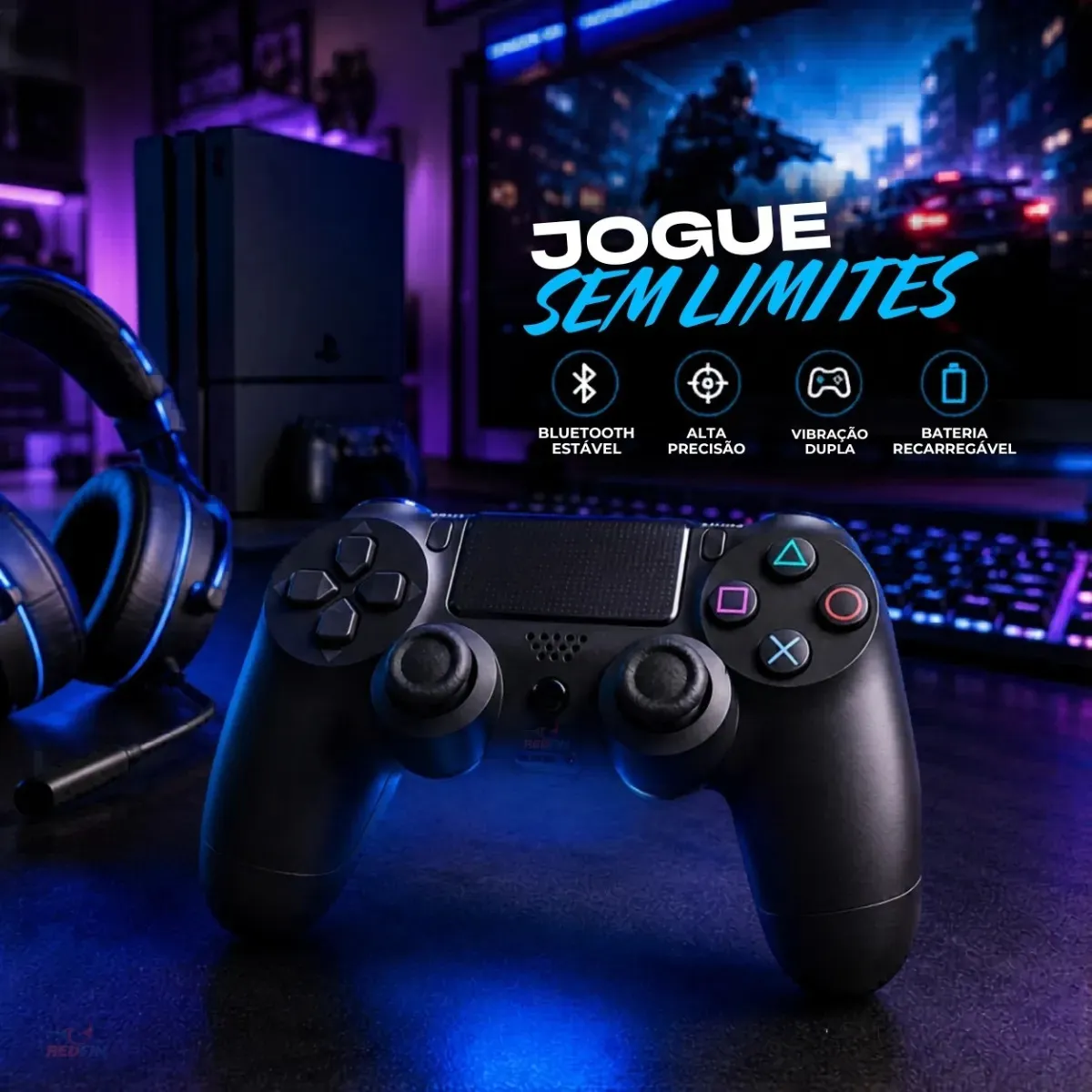 Controle Sem Fio Joystick Bluetooth Para Ps4 Videogame Tv Samsung Pc P4 Ps 4 Dual Shock Manete Pc Gamer Tv Smart Controle Bluetooth Celular Headset Sem Fio Com P2 Marca Redfin - Imagem 9
