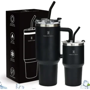 Kit Copo Térmica Inox 1200ml & 600ml Com Tampa E Inox Canudo