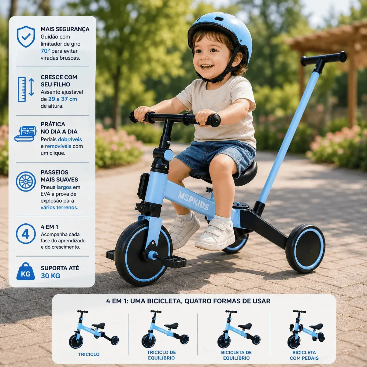 Bicicleta Equilibrio Tricilo Empurrador 5 Em 1 Seguro Bebe Cor Azul-claro - Imagem 3