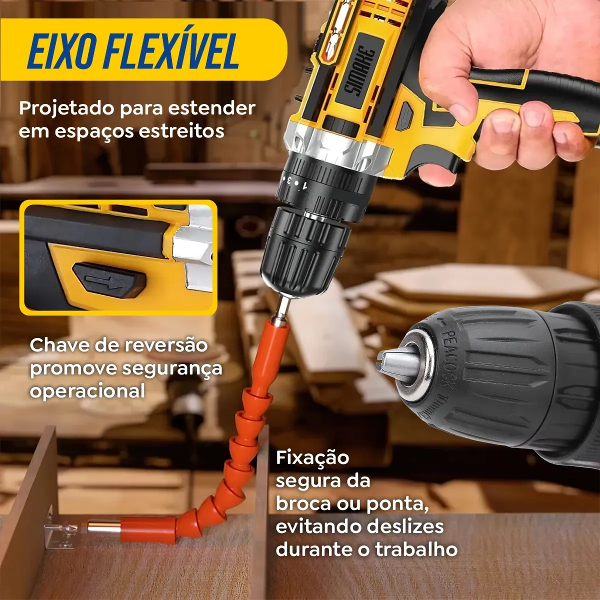 Parafusadeira Furadeira C/ 2 Baterias Maleta Kit Completo Led Eixo Flexível Vários Níveis Torque Simake - Imagem 7