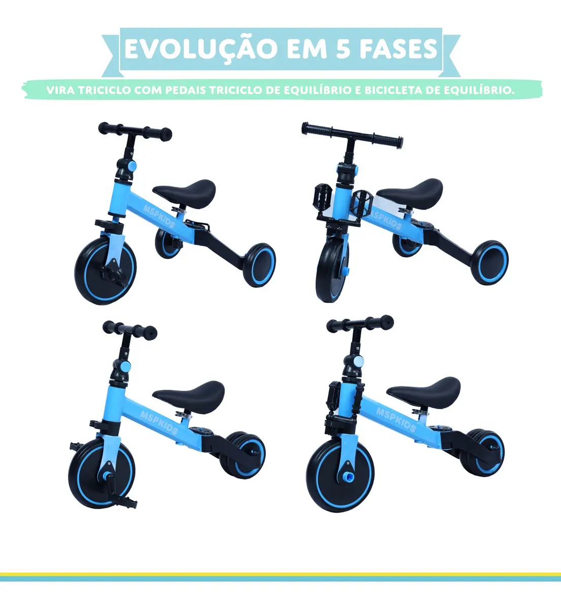 Bicicleta Equilibrio Tricilo Empurrador 5 Em 1 Seguro Bebe Cor Azul-claro - Imagem 8