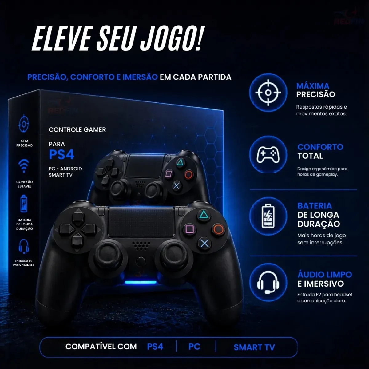 Controle Sem Fio Joystick Bluetooth Para Ps4 Videogame Tv Samsung Pc P4 Ps 4 Dual Shock Manete Pc Gamer Tv Smart Controle Bluetooth Celular Headset Sem Fio Com P2 Marca Redfin - Imagem 10