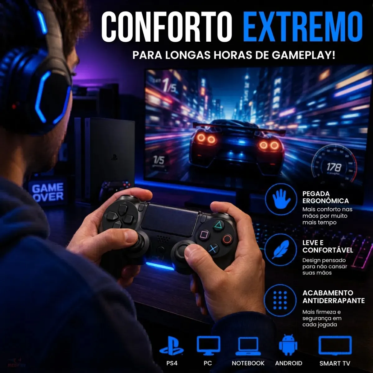 Controle Sem Fio Joystick Bluetooth Para Ps4 Videogame Tv Samsung Pc P4 Ps 4 Dual Shock Manete Pc Gamer Tv Smart Controle Bluetooth Celular Headset Sem Fio Com P2 Marca Redfin - Imagem 6