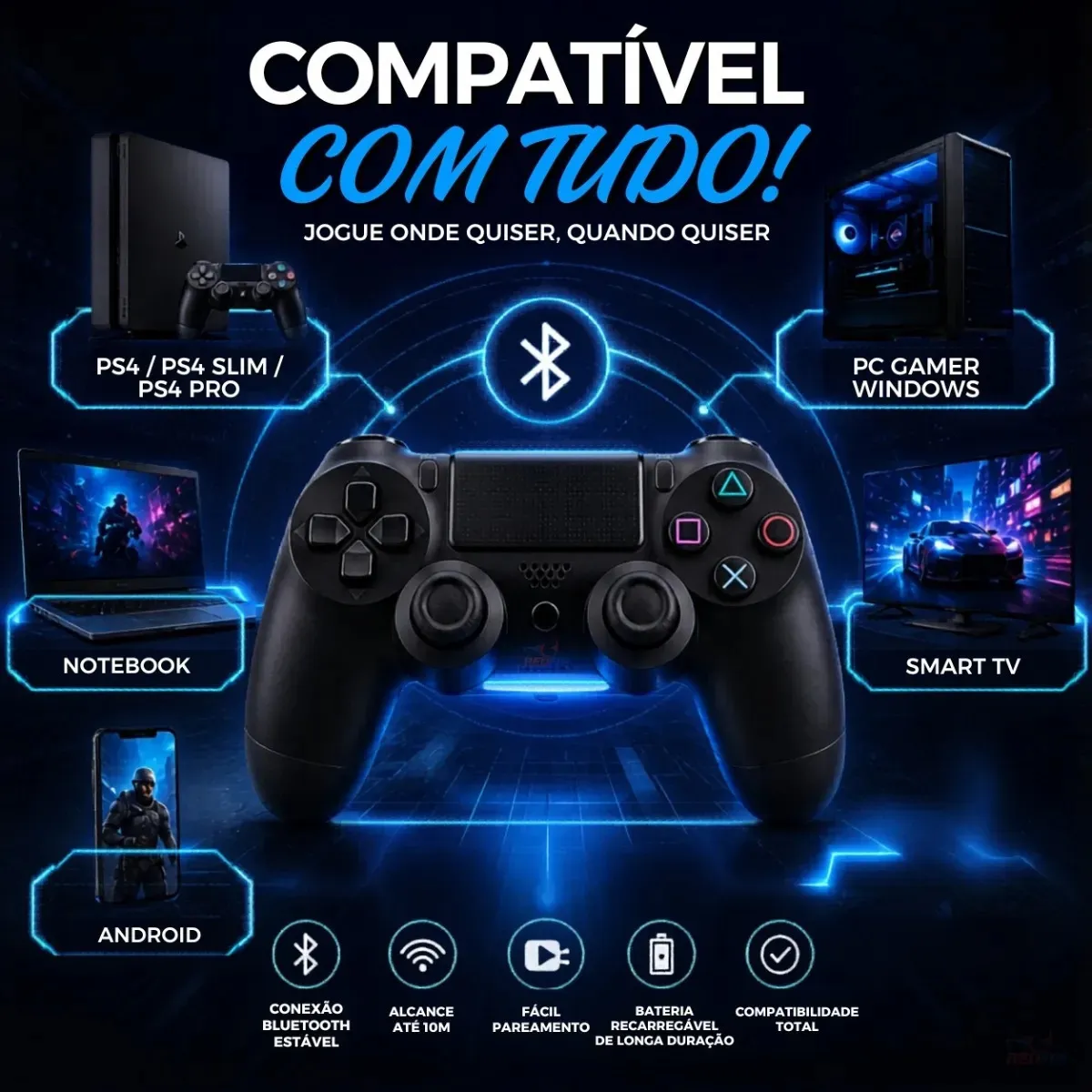 Controle Sem Fio Joystick Bluetooth Para Ps4 Videogame Tv Samsung Pc P4 Ps 4 Dual Shock Manete Pc Gamer Tv Smart Controle Bluetooth Celular Headset Sem Fio Com P2 Marca Redfin - Imagem 4