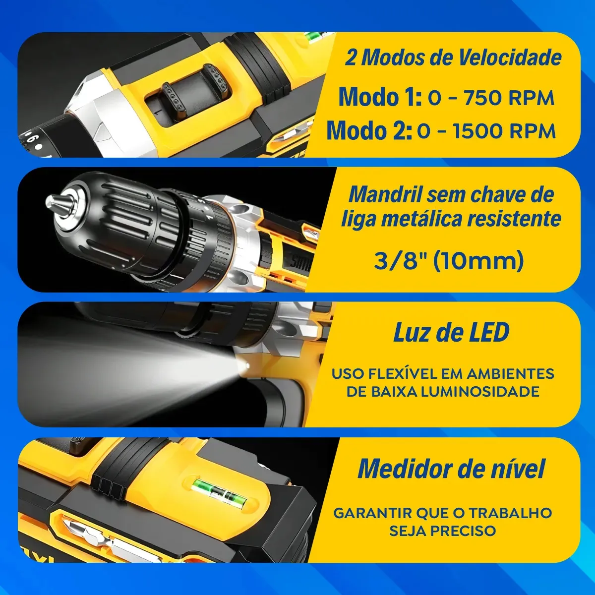 Parafusadeira Furadeira C/ 2 Baterias Maleta Kit Completo Led Eixo Flexível Vários Níveis Torque Simake - Imagem 3