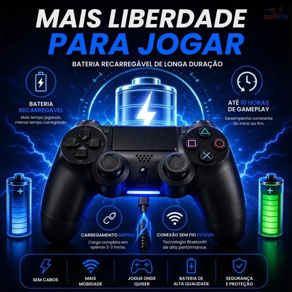 Controle Sem Fio Joystick Bluetooth Para Ps4 Videogame Tv Samsung Pc P4 Ps 4 Dual Shock Manete Pc Gamer Tv Smart Controle Bluetooth Celular Headset Sem Fio Com P2 Marca Redfin - Imagem 5