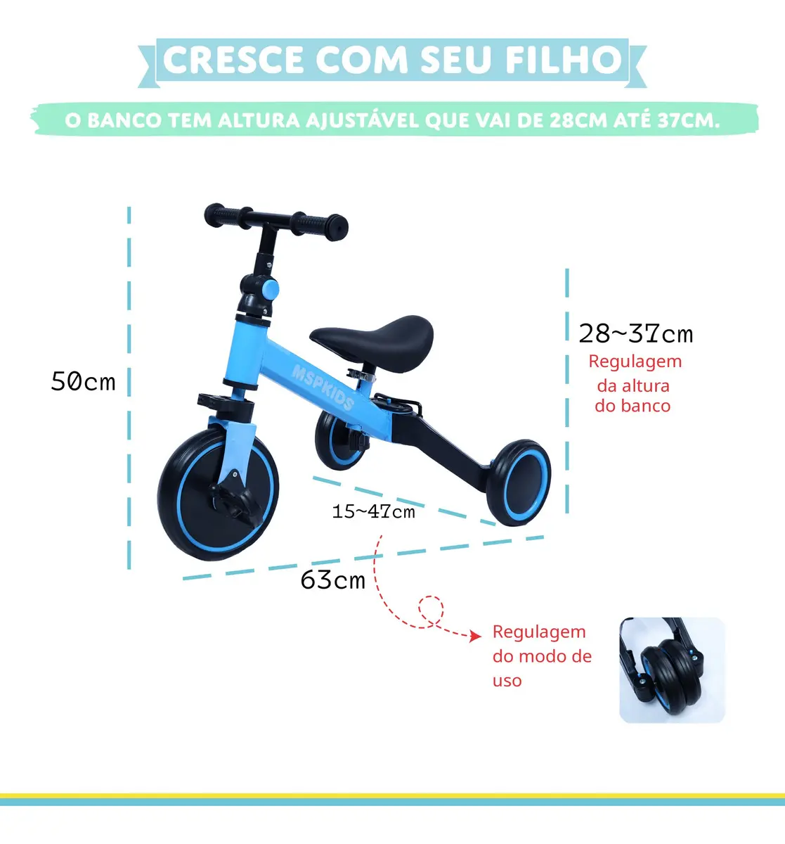 Bicicleta Equilibrio Tricilo Empurrador 5 Em 1 Seguro Bebe Cor Azul-claro - Imagem 7