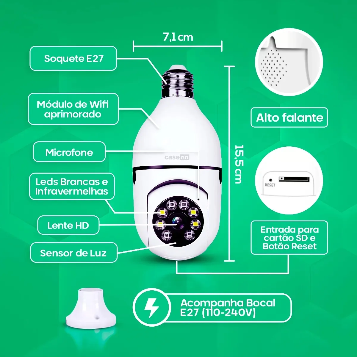 Câmera Lampada De segurança Casenn Ip Wifi Com Visão Noturna Interna Externa App Yoouse Espiã 360o Cor Branco - Imagem 4