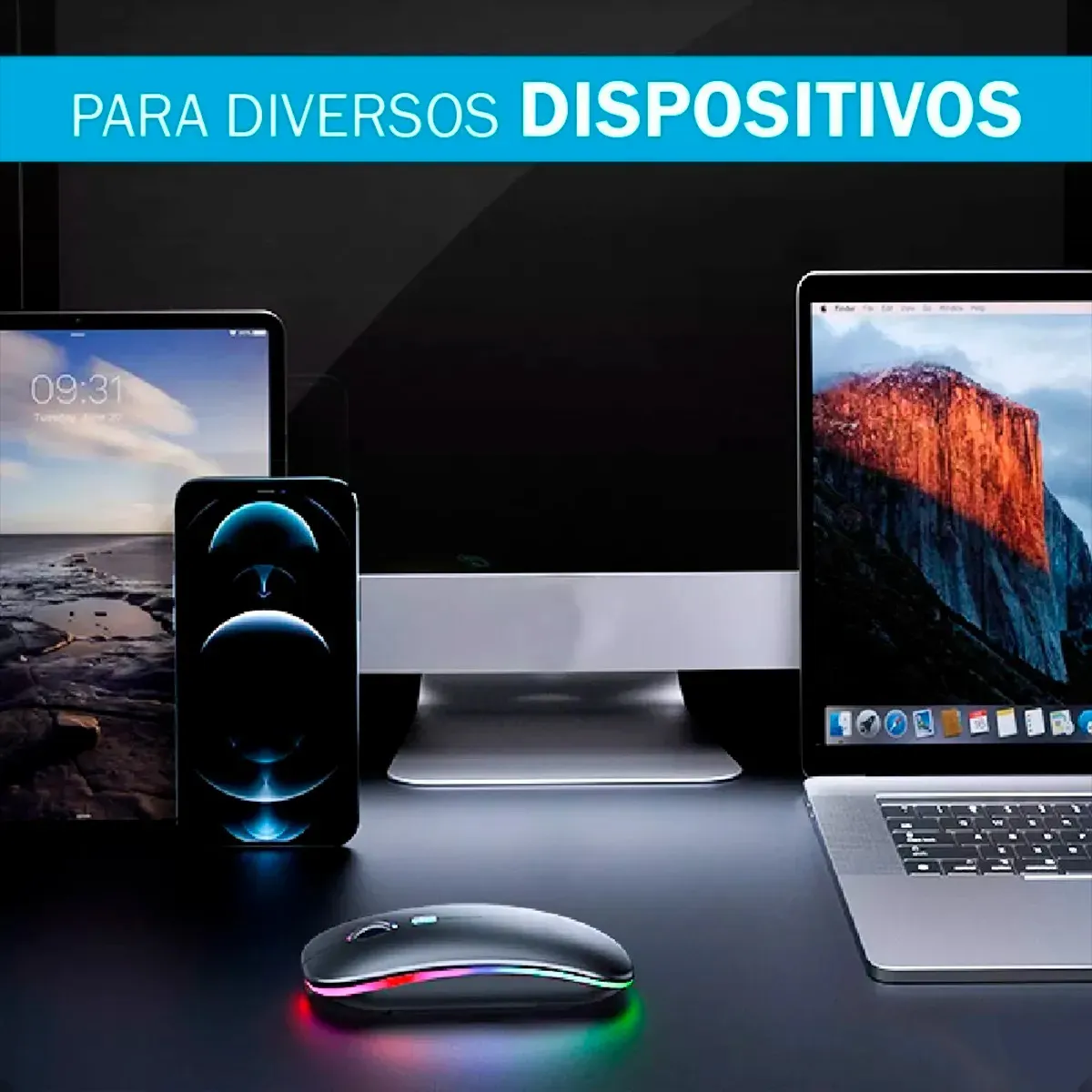 Mouse Sem Fio Recarregável Wireless Optico Led Rgb Ergonômico Sem Fio Para Pc Desktop Notebook Tablet Smartphone Preto - Imagem 9