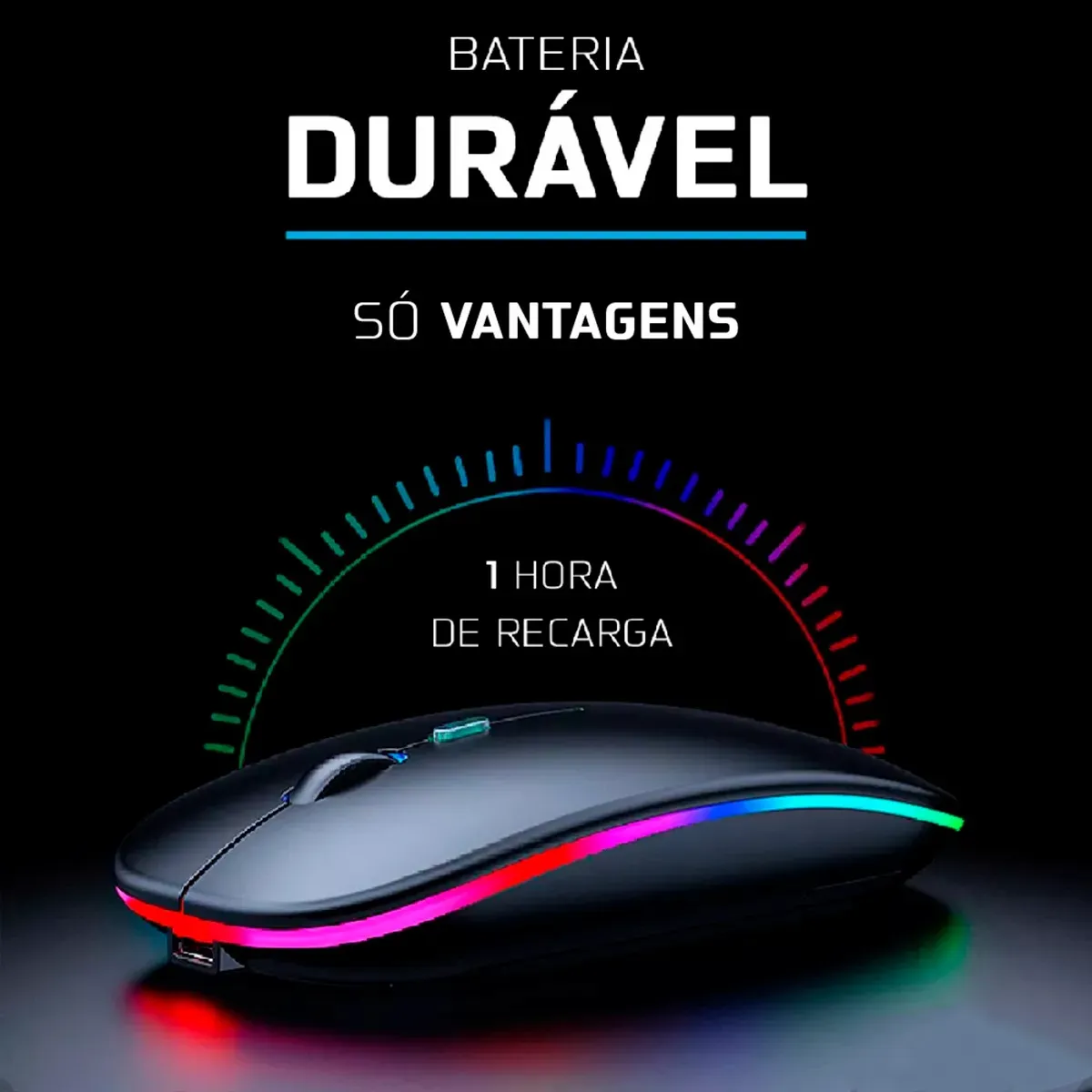 Mouse Sem Fio Recarregável Wireless Optico Led Rgb Ergonômico Sem Fio Para Pc Desktop Notebook Tablet Smartphone Preto - Imagem 6