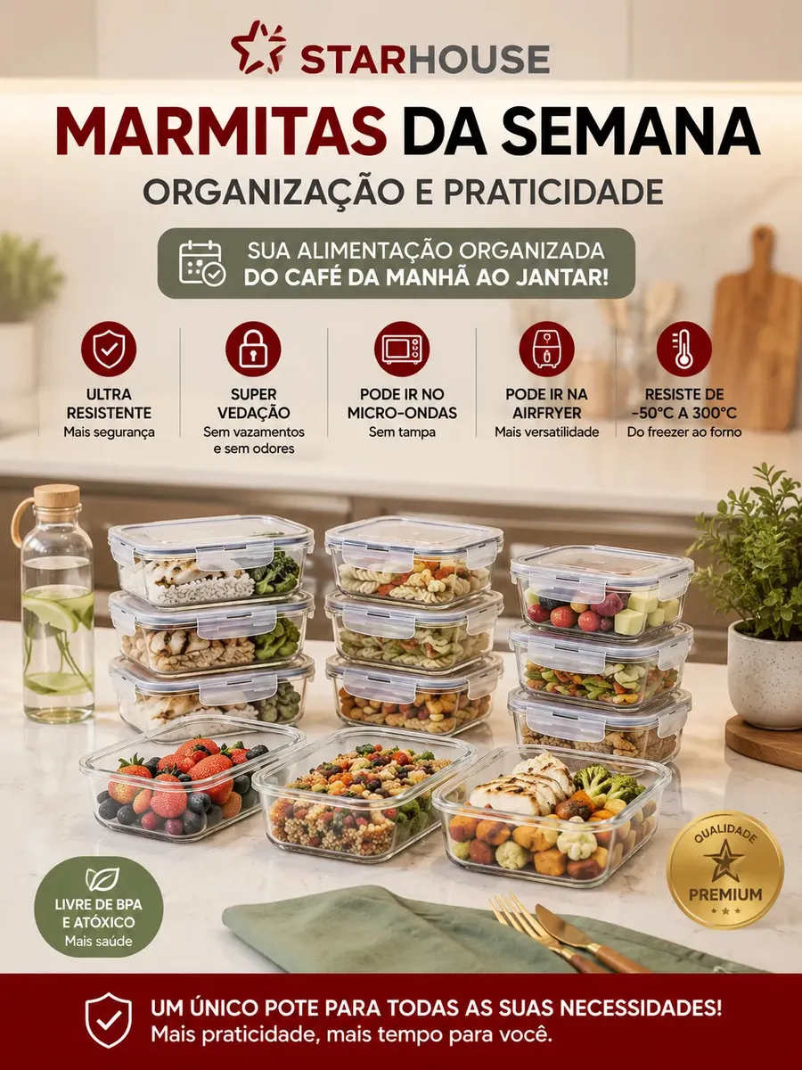 Kit 10 Potes Herméticos Vidro 640ml Starhouse Marmita Forno Micro-ondas Airfryer com 4 travas de super vedação - Imagem 6