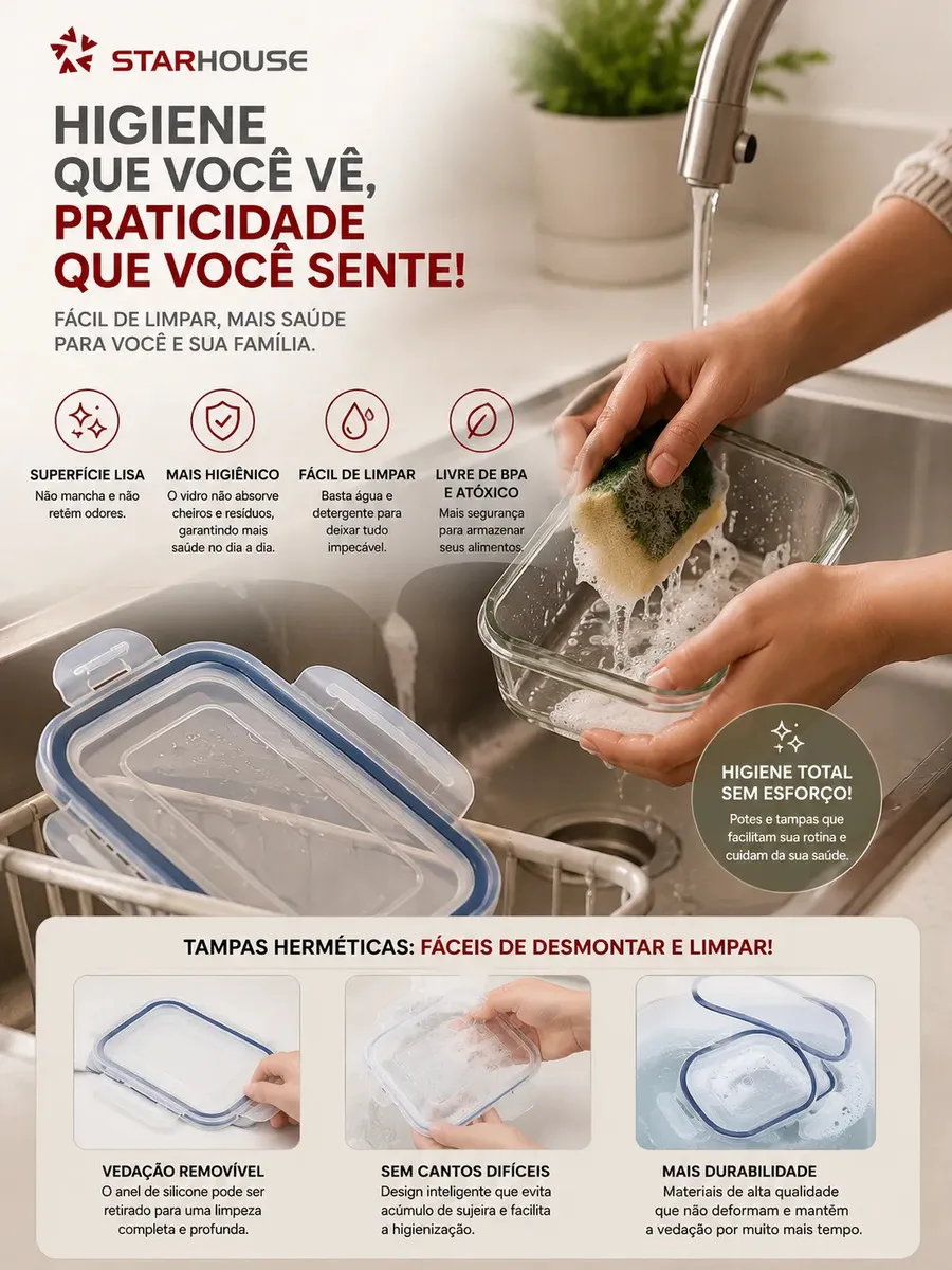Kit 10 Potes Herméticos Vidro 640ml Starhouse Marmita Forno Micro-ondas Airfryer com 4 travas de super vedação - Imagem 5