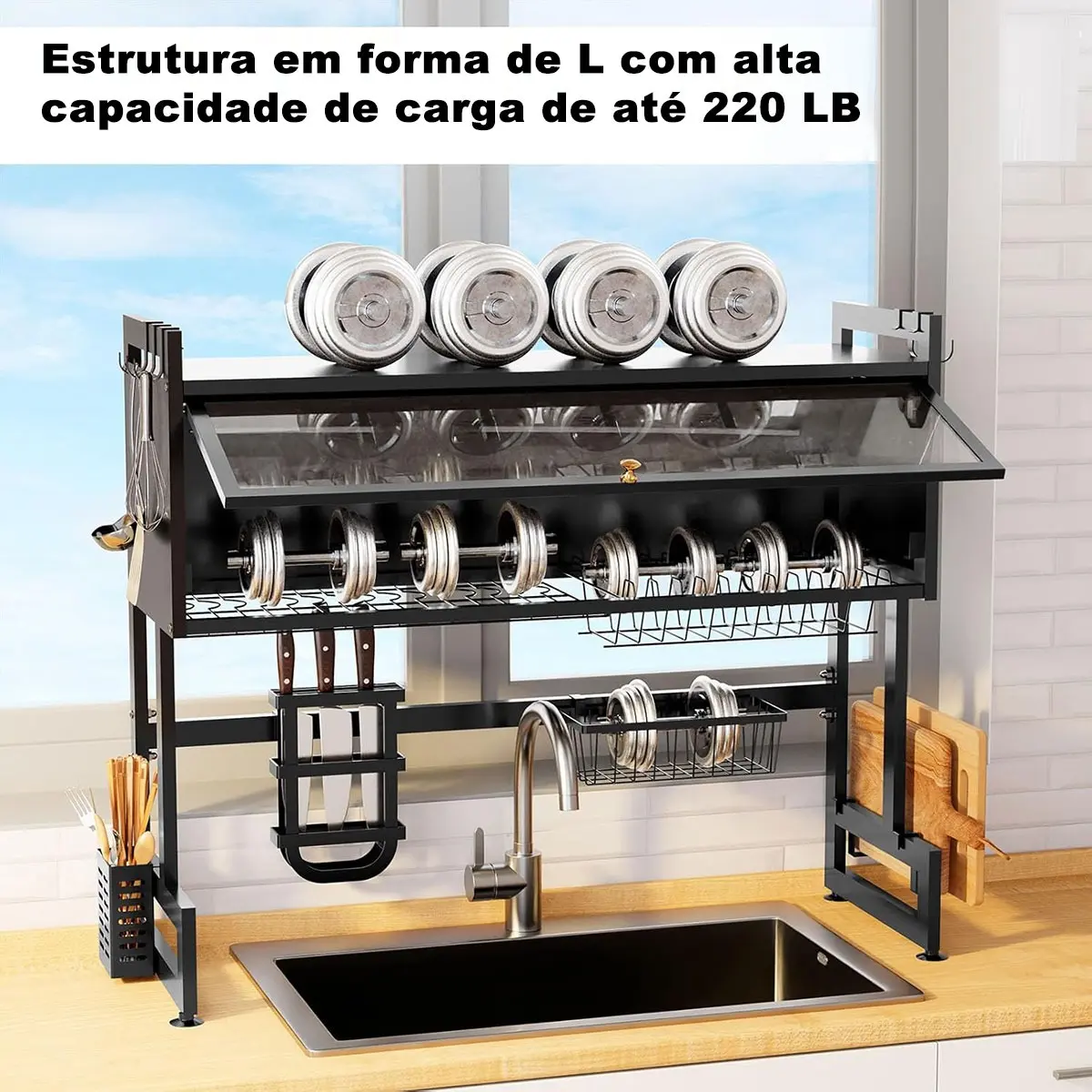 Escorredor De Pratos Louça Preto Cozinha Suspensa 65cm 18pçs - Imagem 10