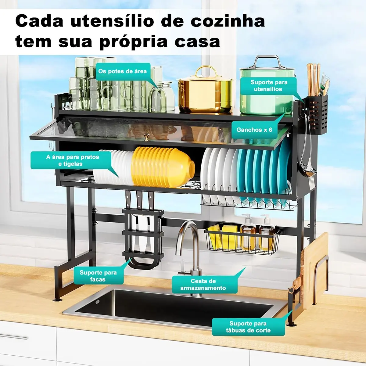Escorredor De Pratos Louça Preto Cozinha Suspensa 65cm 18pçs - Imagem 7