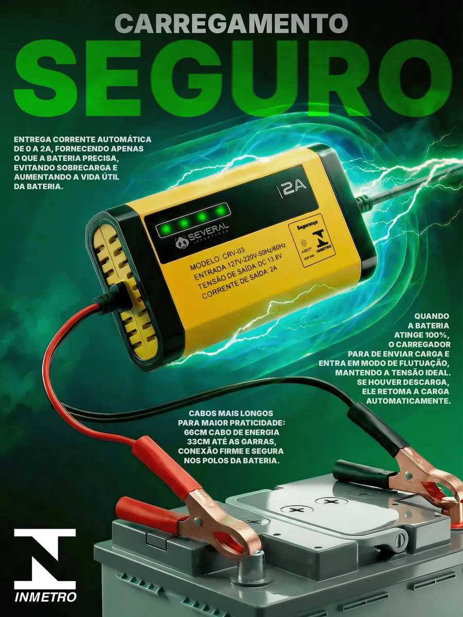 Carregador Bateria Automotivo 12v Até 300 Amperes, Carga Lenta 2a, Inteligente, Portátil, Carro, Moto, Caminhão, Jet Sky, Empilhadeira, Bivolt 110/220v Several Importados - Imagem 4