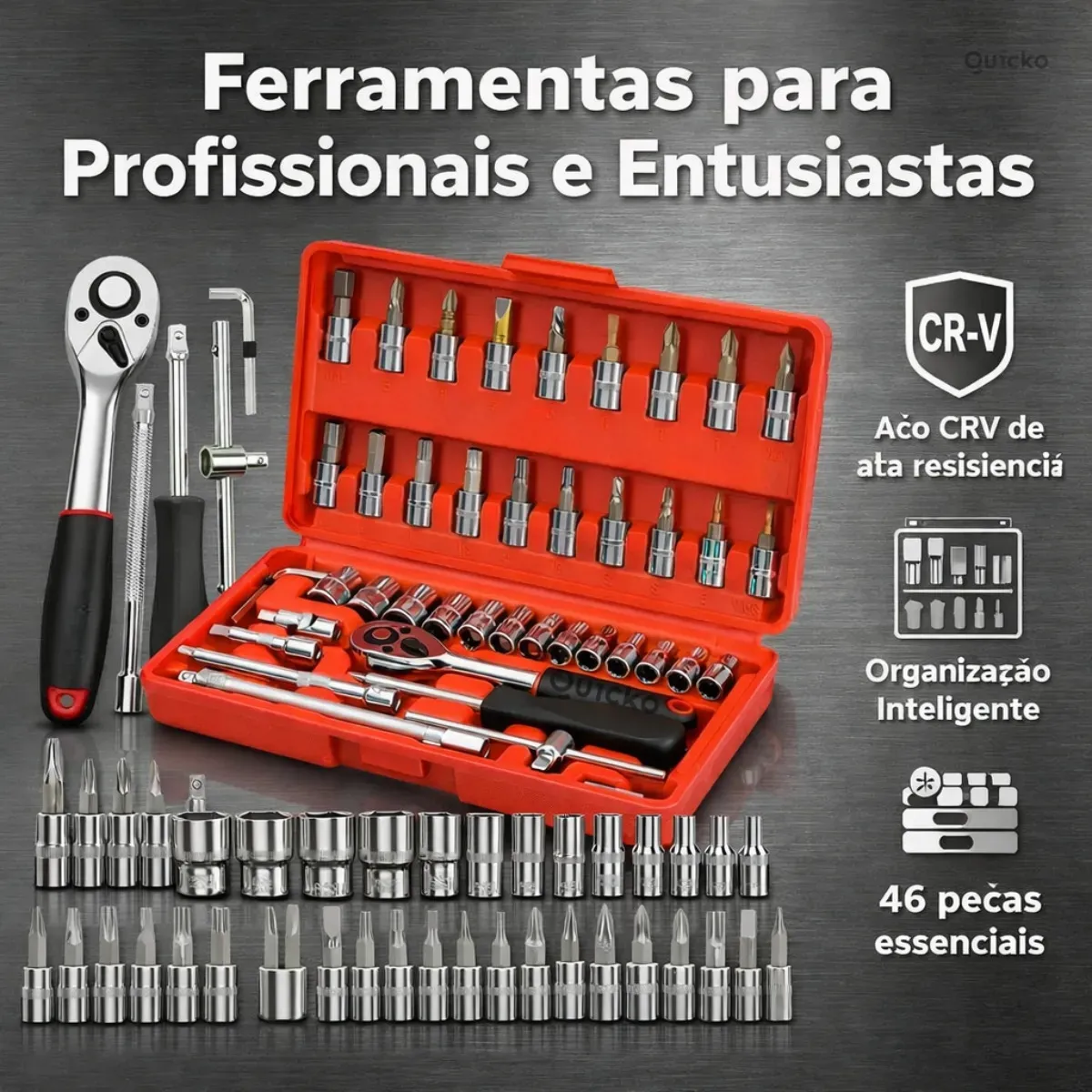 Kit Chaves Ferramentas Jogo Fenda Philips Catraca Soquete Allen 46 Peças Com Maleta Completa Manual Ideal Mecânico Manutenção Casa Carro Profissional Resistente Portátil Compacto Quicko Vermelho - Imagem 4