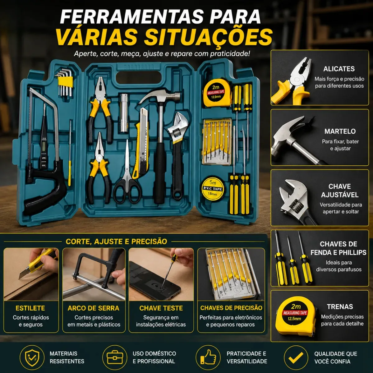 Kit Maleta Jogo Ferramentas 27 Peças Residencial Completa Conserto Oficina Manutenção Chave Inglesa, Estilete, Chaves Allen, Fenda E Phillips, Lanterna, Martelo, Serra, Tesoura, Trena, Fita Isolante - Imagem 6