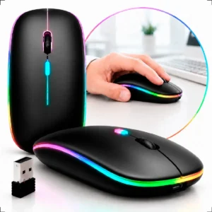 Mouse Sem Fio Recarregável Wireless Optico Led Rgb Ergonômico Sem Fio Para Pc Desktop Notebook Tablet Smartphone Preto