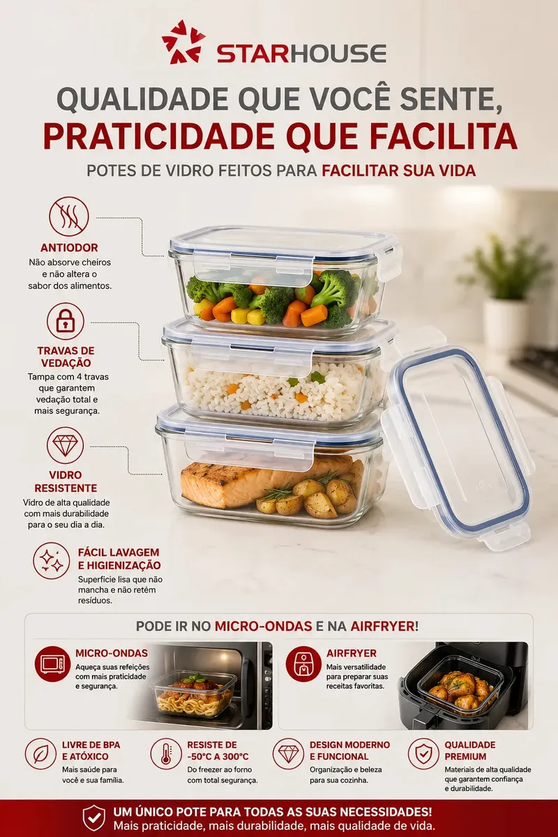 Kit 10 Potes Herméticos Vidro 640ml Starhouse Marmita Forno Micro-ondas Airfryer com 4 travas de super vedação - Imagem 7