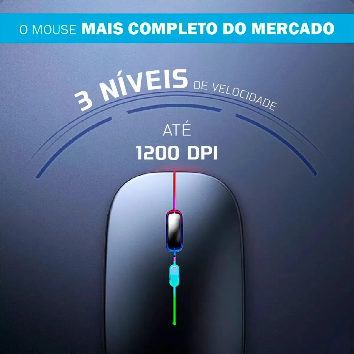 Mouse Sem Fio Recarregável Wireless Optico Led Rgb Ergonômico Sem Fio Para Pc Desktop Notebook Tablet Smartphone Preto - Imagem 3