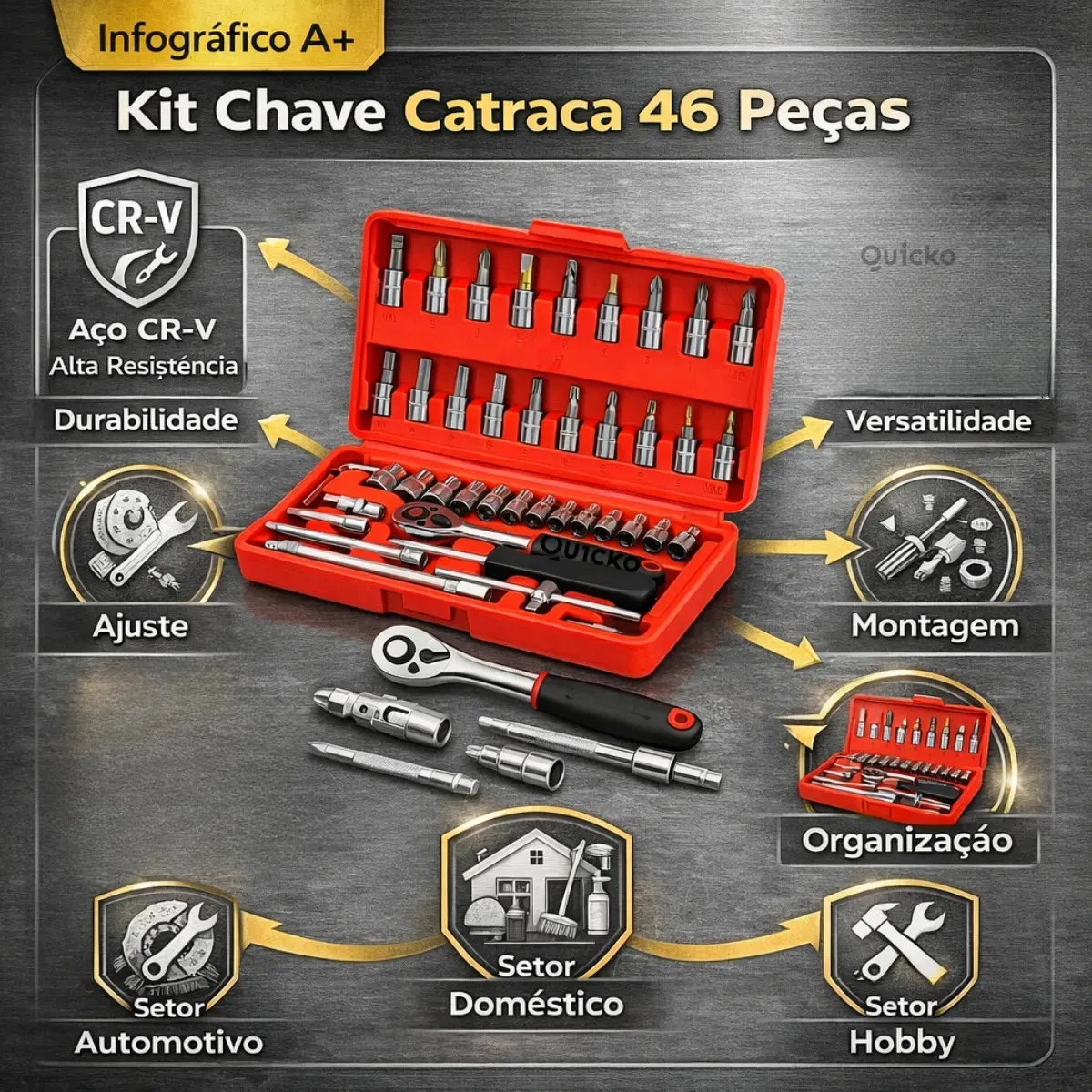 Kit Chaves Ferramentas Jogo Fenda Philips Catraca Soquete Allen 46 Peças Com Maleta Completa Manual Ideal Mecânico Manutenção Casa Carro Profissional Resistente Portátil Compacto Quicko Vermelho - Imagem 8