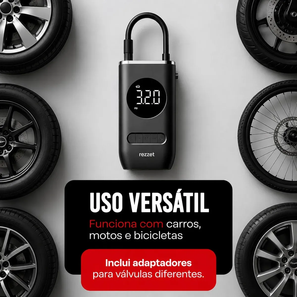Mini Compressor Digital Portátil para Carro Moto e Bicicleta com Calibrador Digital Inflador Elétrico de Pneus LCD Lanterna LED Compacto e Recarregável Preto Marca Simake - Imagem 2