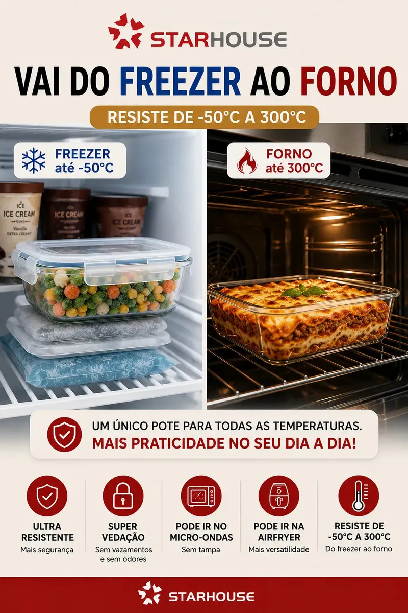 Kit 10 Potes Herméticos Vidro 640ml Starhouse Marmita Forno Micro-ondas Airfryer com 4 travas de super vedação - Imagem 4