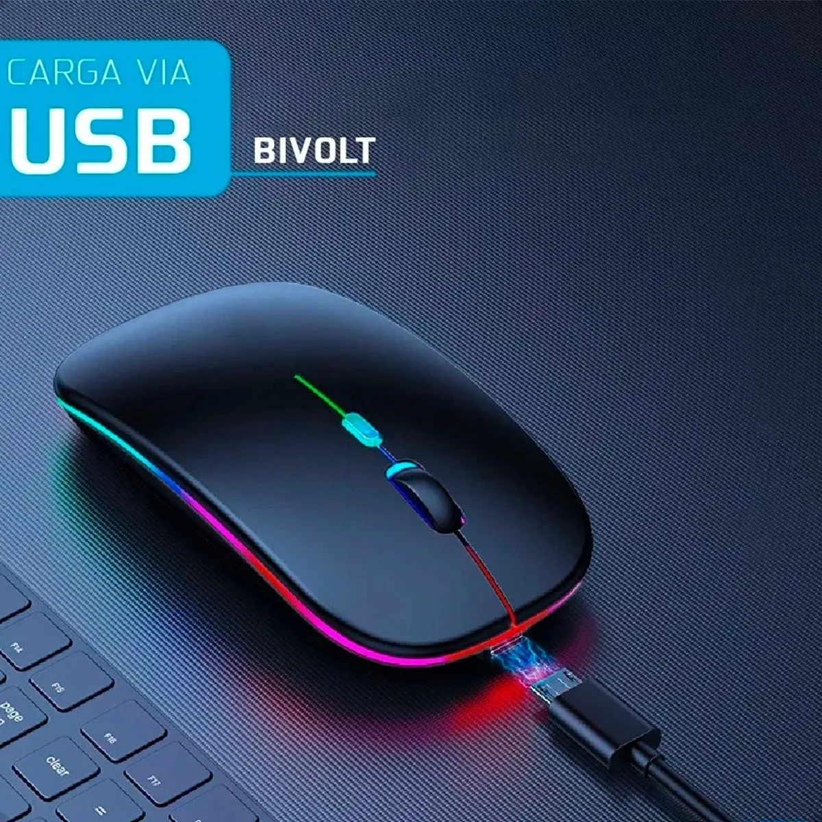 Mouse Sem Fio Recarregável Wireless Optico Led Rgb Ergonômico Sem Fio Para Pc Desktop Notebook Tablet Smartphone Preto - Imagem 5