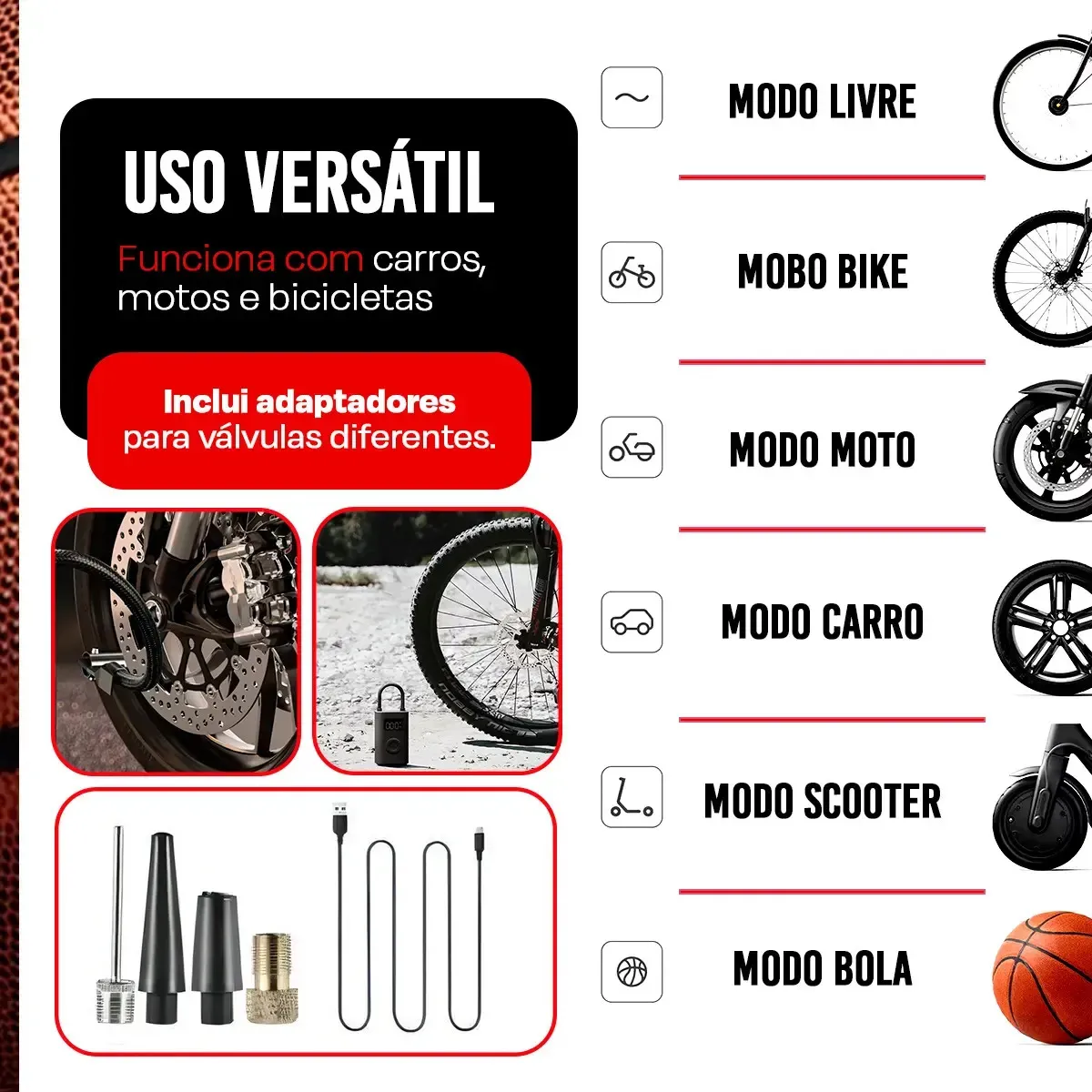 Mini Compressor Digital Portátil para Carro Moto e Bicicleta com Calibrador Digital Inflador Elétrico de Pneus LCD Lanterna LED Compacto e Recarregável Preto Marca Simake - Imagem 3