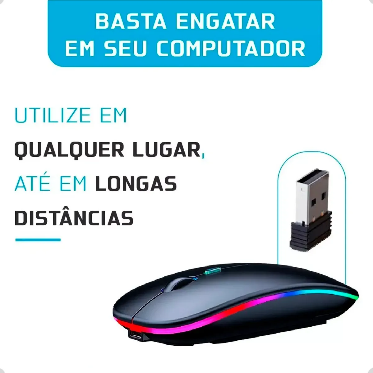 Mouse Sem Fio Recarregável Wireless Optico Led Rgb Ergonômico Sem Fio Para Pc Desktop Notebook Tablet Smartphone Preto - Imagem 4