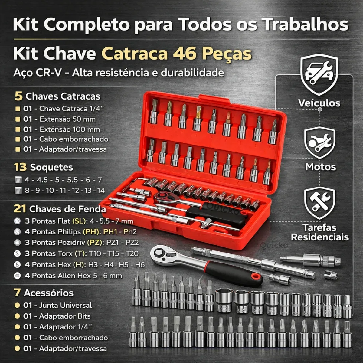Kit Chaves Ferramentas Jogo Fenda Philips Catraca Soquete Allen 46 Peças Com Maleta Completa Manual Ideal Mecânico Manutenção Casa Carro Profissional Resistente Portátil Compacto Quicko Vermelho - Imagem 3