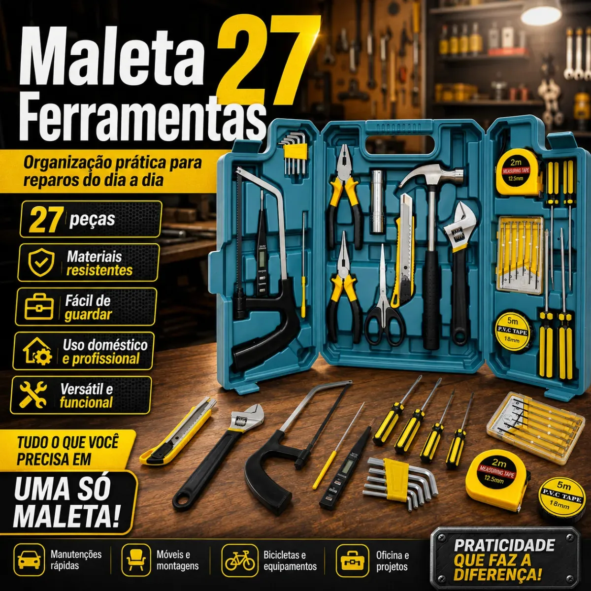 Kit Maleta Jogo Ferramentas 27 Peças Residencial Completa Conserto Oficina Manutenção Chave Inglesa, Estilete, Chaves Allen, Fenda E Phillips, Lanterna, Martelo, Serra, Tesoura, Trena, Fita Isolante - Imagem 3