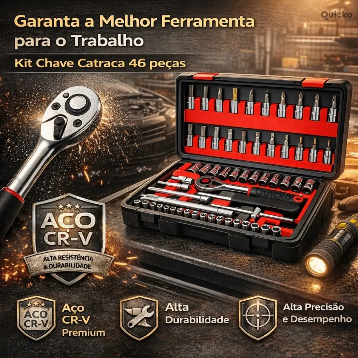 Kit Chaves Ferramentas Jogo Fenda Philips Catraca Soquete Allen 46 Peças Com Maleta Completa Manual Ideal Mecânico Manutenção Casa Carro Profissional Resistente Portátil Compacto Quicko Vermelho - Imagem 6