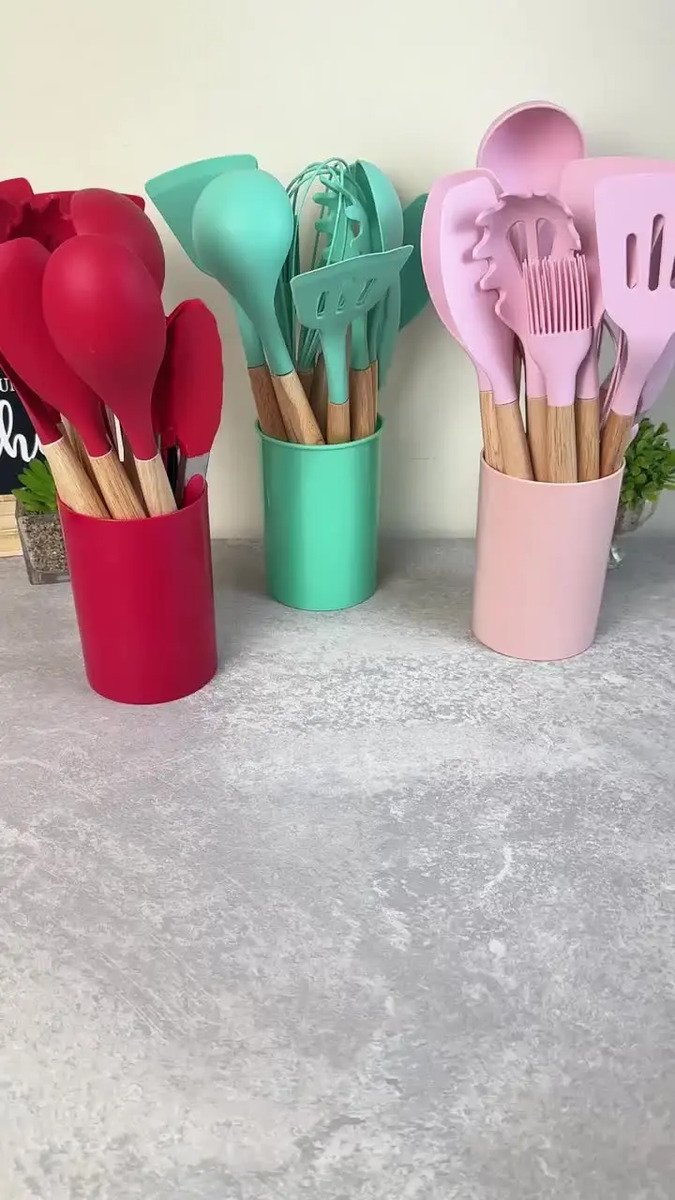 Kit C/12 Utensílios De Cozinha Silicone Cabo Madeira - Imagem 3